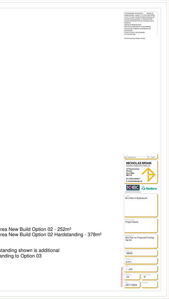 A blank architectural drawing sheet featuring a title block for Nicholas Brian Design & Construction Ltd, labeled as a site plan for a new build option.
