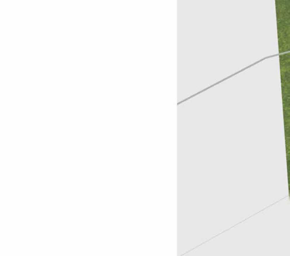 A cropped view of a 3D architectural rendering or elevation showing a white wall, grey surface, and green grass.