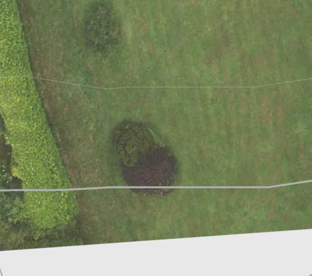 Aerial view of a grassy plot of land with white boundary lines overlaid on the surface.