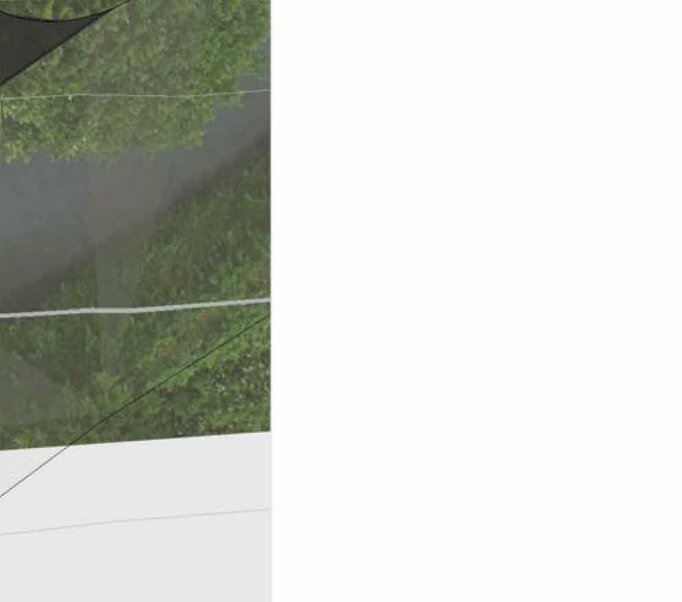 A partial, close-up photograph showing green vegetation behind a dark mesh or netting structure with white strings or wires.