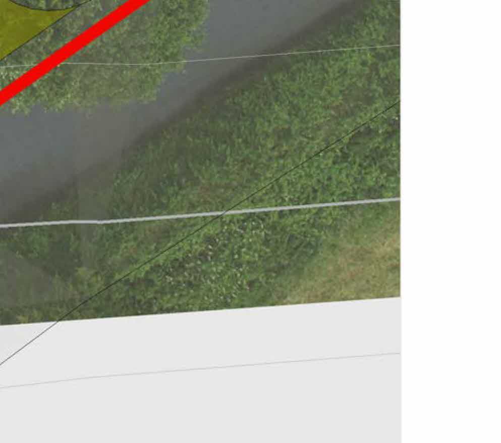 A close-up section of a site plan showing green vegetation with red and white lines indicating boundaries or proposed works.