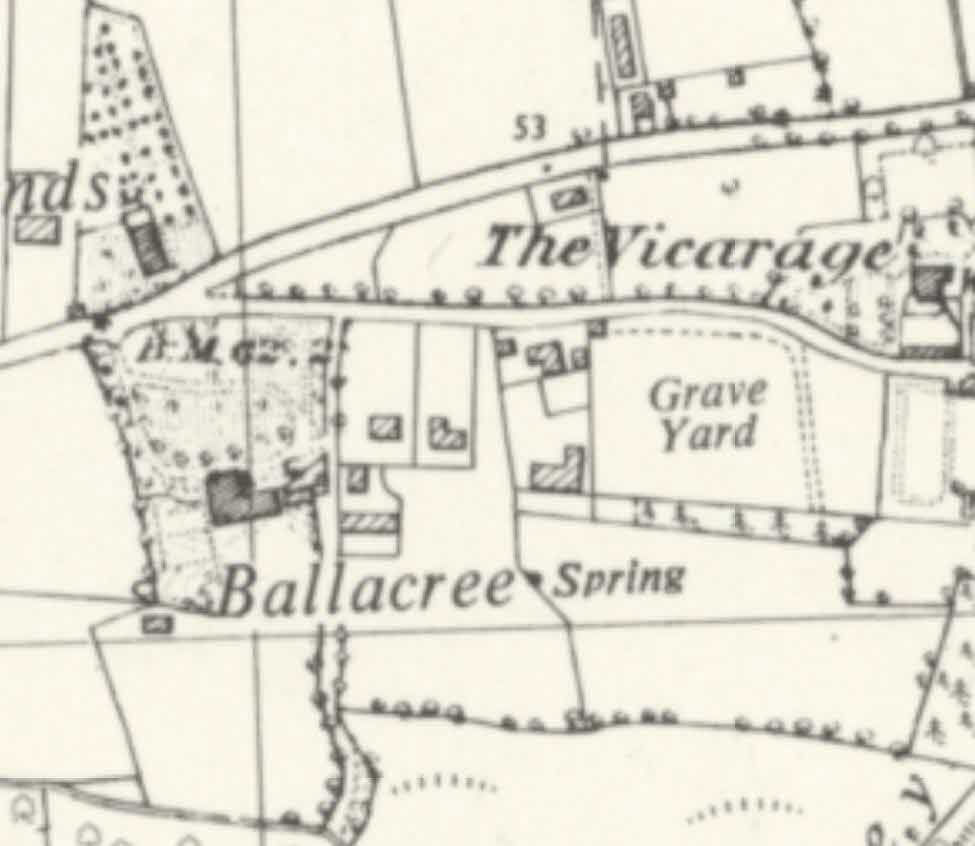 This image shows a historical map or site plan detailing the location of 'The Vicarage', a graveyard, and surrounding fields.