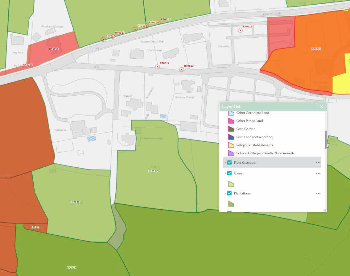 A digital planning map showing property boundaries, land use categories, and nearby buildings in a rural area.