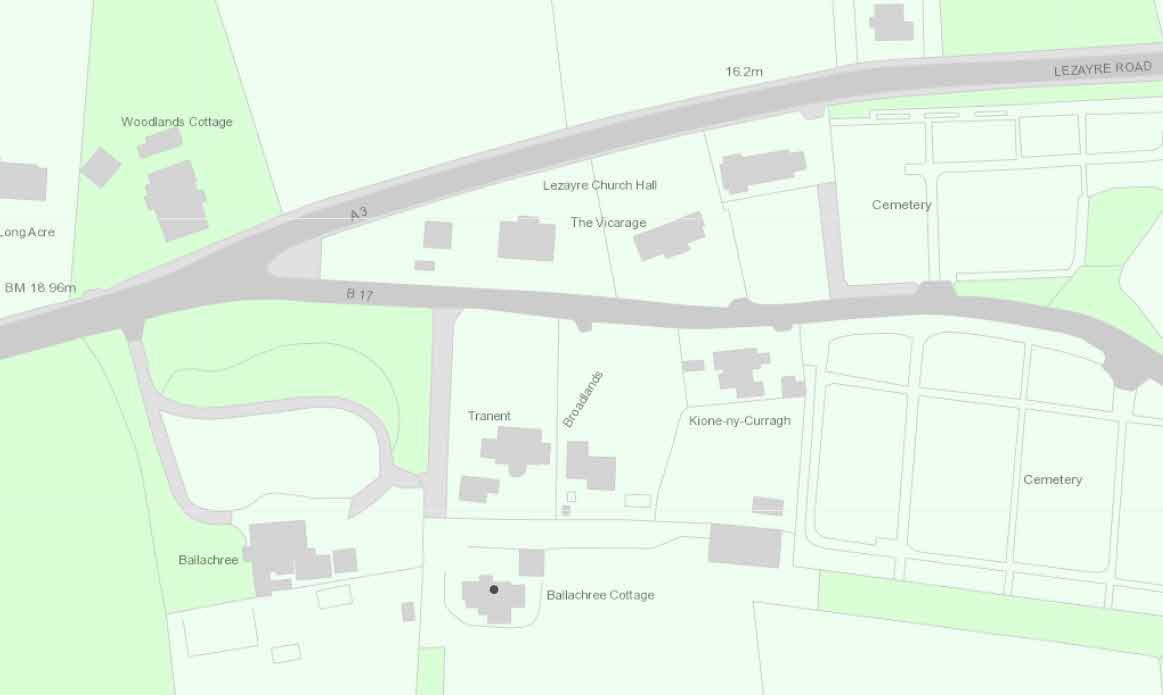 A site location map showing the property at Ballachree Cottage and surrounding buildings like Lezayre Church Hall along Lezayre Road.