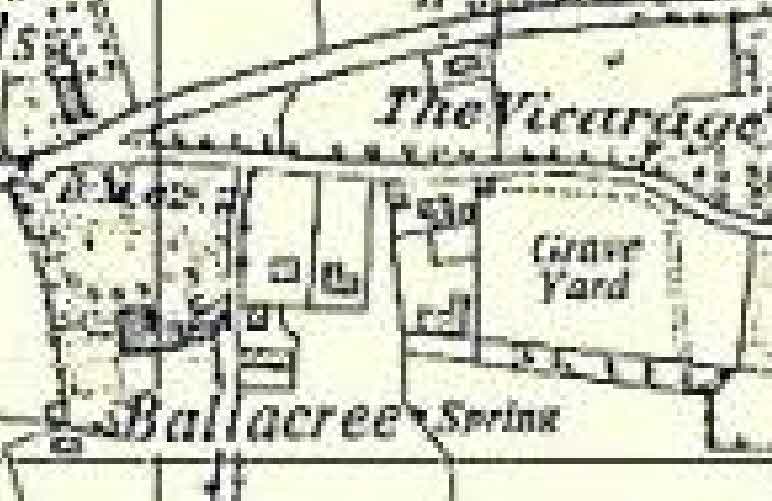 A vintage black and white site plan showing property boundaries and surrounding features like 'The Vicarage' and 'Grave Yard'.
