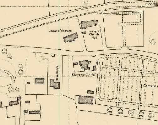 A scanned historical map showing the site location relative to nearby landmarks such as Lezayre Vicarage and the Cemetery.