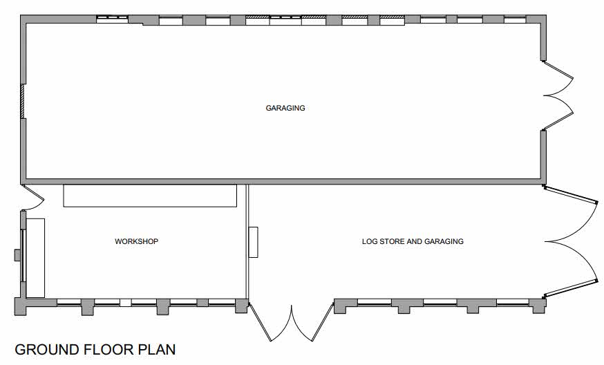 This image displays a ground floor plan of a building, showing a large garage area, a workshop, and a log store.