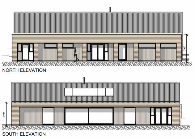 The image displays architectural elevation drawings labeled 'North Elevation' and 'South Elevation' of a single-storey building with a human figure for scale.