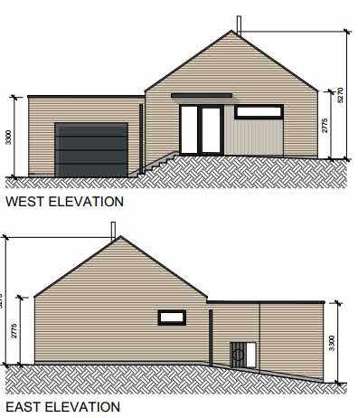 Architectural elevation drawings showing the West and East views of a proposed residential conversion with an attached garage.