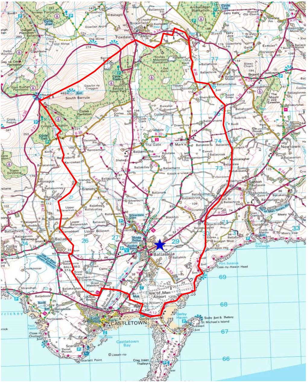 A topographical location map showing a large area outlined in red, centered around Ballasalla and Castletown with a blue star marker.