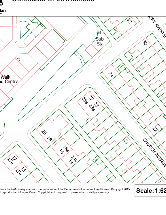 A site plan showing property boundaries and street names such as Church Avenue with a scale of 1:625.
