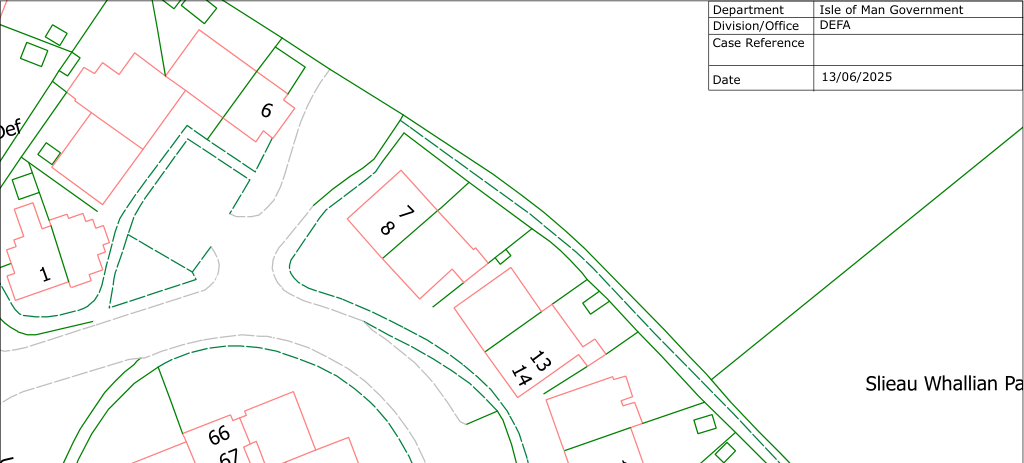 A technical site plan showing numbered property boundaries and building footprints in red and green lines, with an Isle of Man Government header.