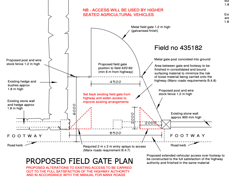 This is a technical engineering drawing titled 'PROPOSED FIELD GATE PLAN' illustrating the layout for a new vehicular access point, including fences, gates, and road specifications.