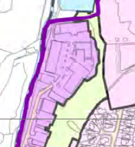 A site plan showing a property boundary highlighted in purple, with adjacent land areas in green and pink.