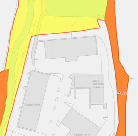A site plan showing the layout of an industrial estate with labeled 'Factory Units' and 'Manx Business Solutions' buildings, surrounded by color-coded land zones.