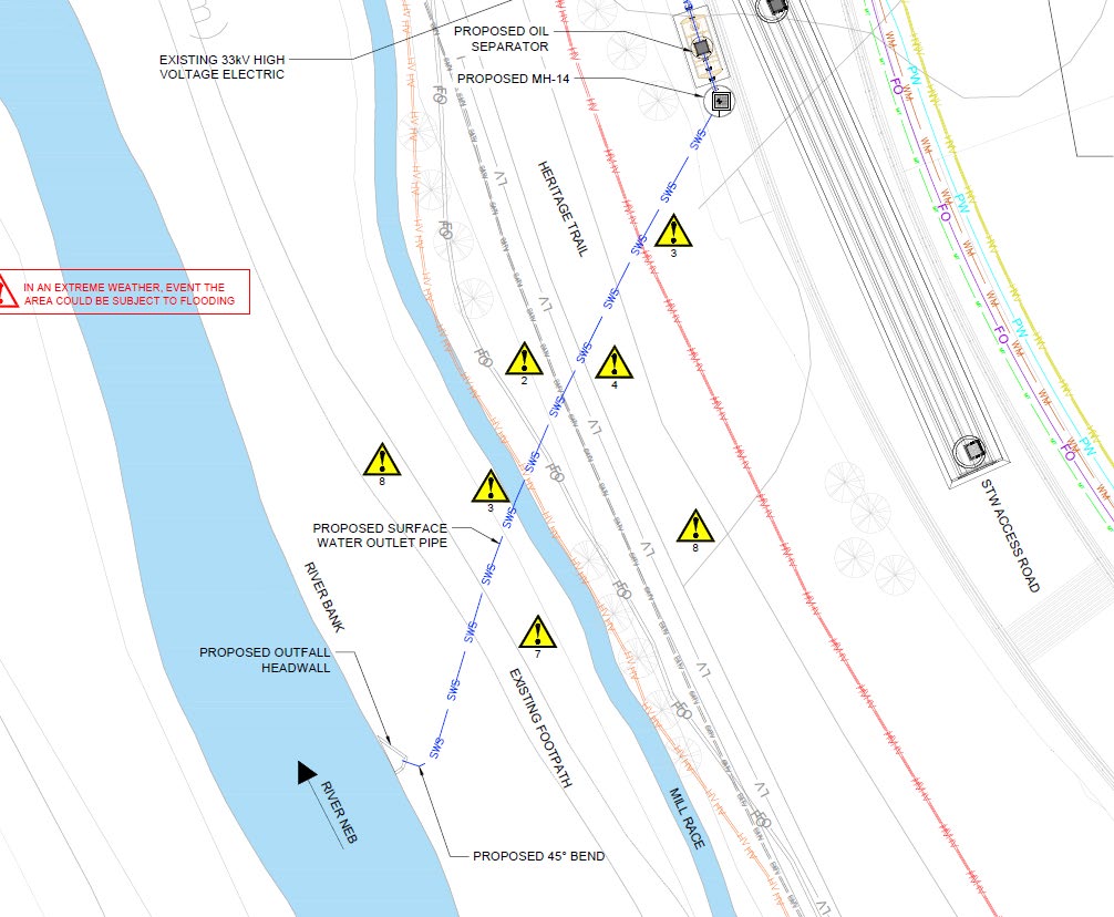 A technical site plan illustrating proposed drainage infrastructure and works along the River Neb and Mill Race.