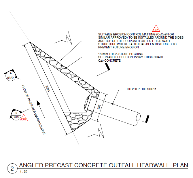 Technical engineering drawing showing a plan view of an angled precast concrete outfall headwall structure with stone pitching and erosion control details.