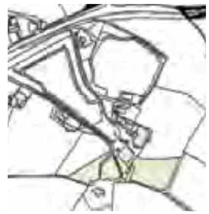 A black and white map extract showing land boundaries and a highlighted green area indicating the proposed development site.