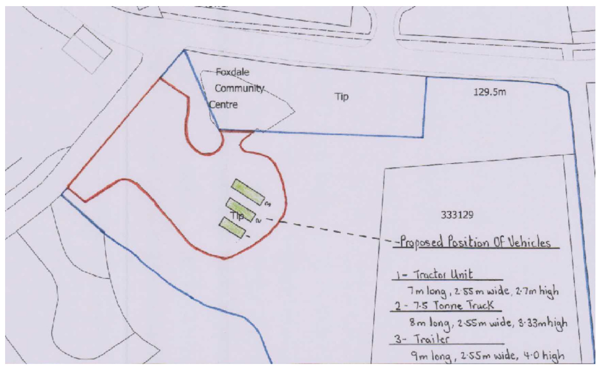 A hand-drawn site plan showing property boundaries, a nearby community centre, and a designated area for vehicle parking with dimensions.
