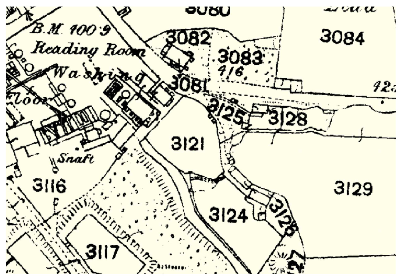 A black and white historical map or site plan showing land parcels, field numbers, and existing structures like a reading room.