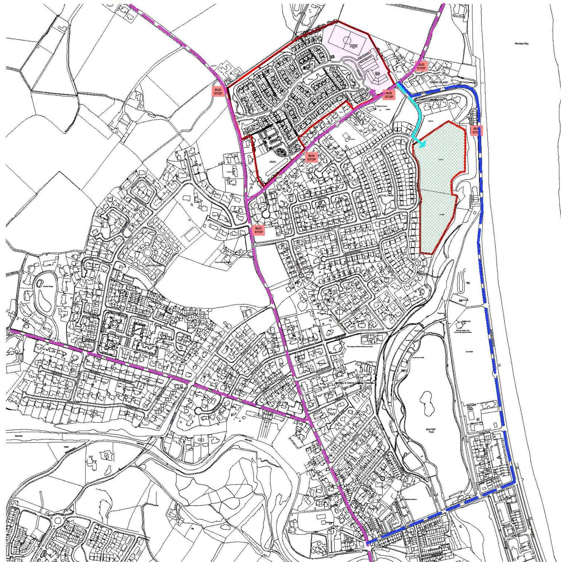 A location map of the Ramsey area showing residential streets, fields, and the coastline with highlighted routes and bus stops.