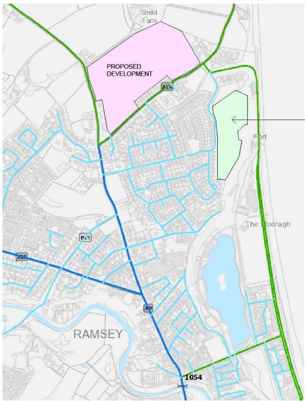A location map highlighting a proposed development site in pink near Ramsey, showing surrounding roads and landmarks like The Mooragh.