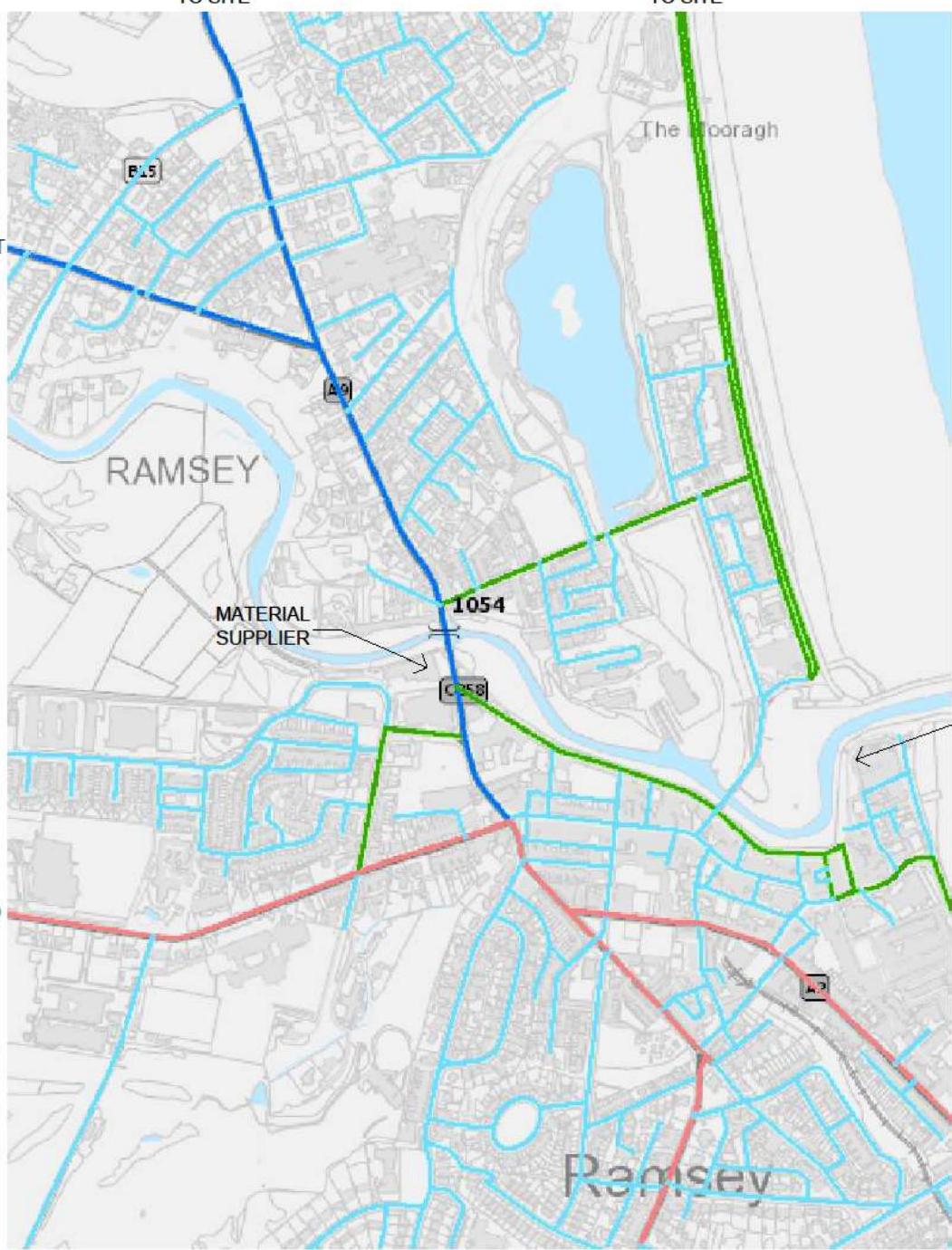 A location map showing the Ramsey area with highlighted routes and a specific point marked for a material supplier, likely part of a traffic management plan.