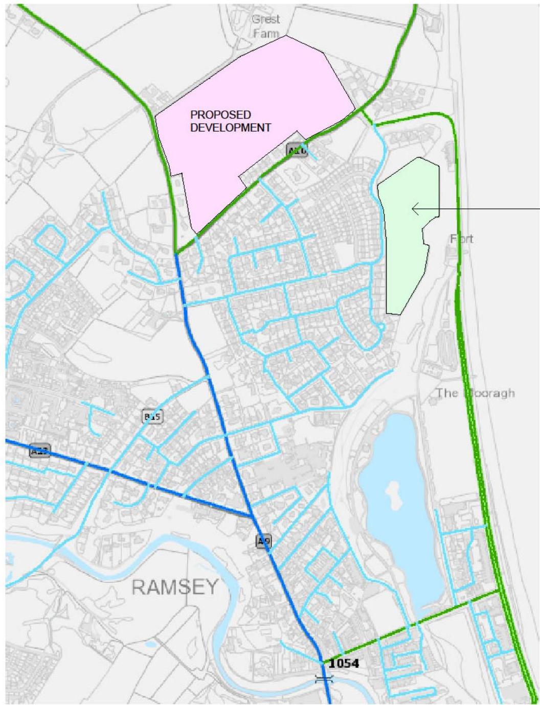 A location map highlighting a 'PROPOSED DEVELOPMENT' site in pink near Ramsey, with surrounding road networks and traffic routes marked in blue and green.