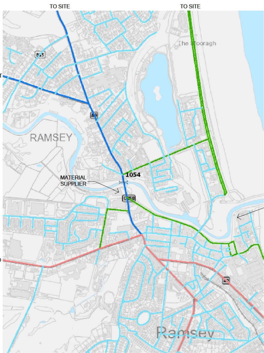 A location map showing traffic routes in Ramsey, Isle of Man, with color-coded lines indicating access paths to the site and a material supplier.