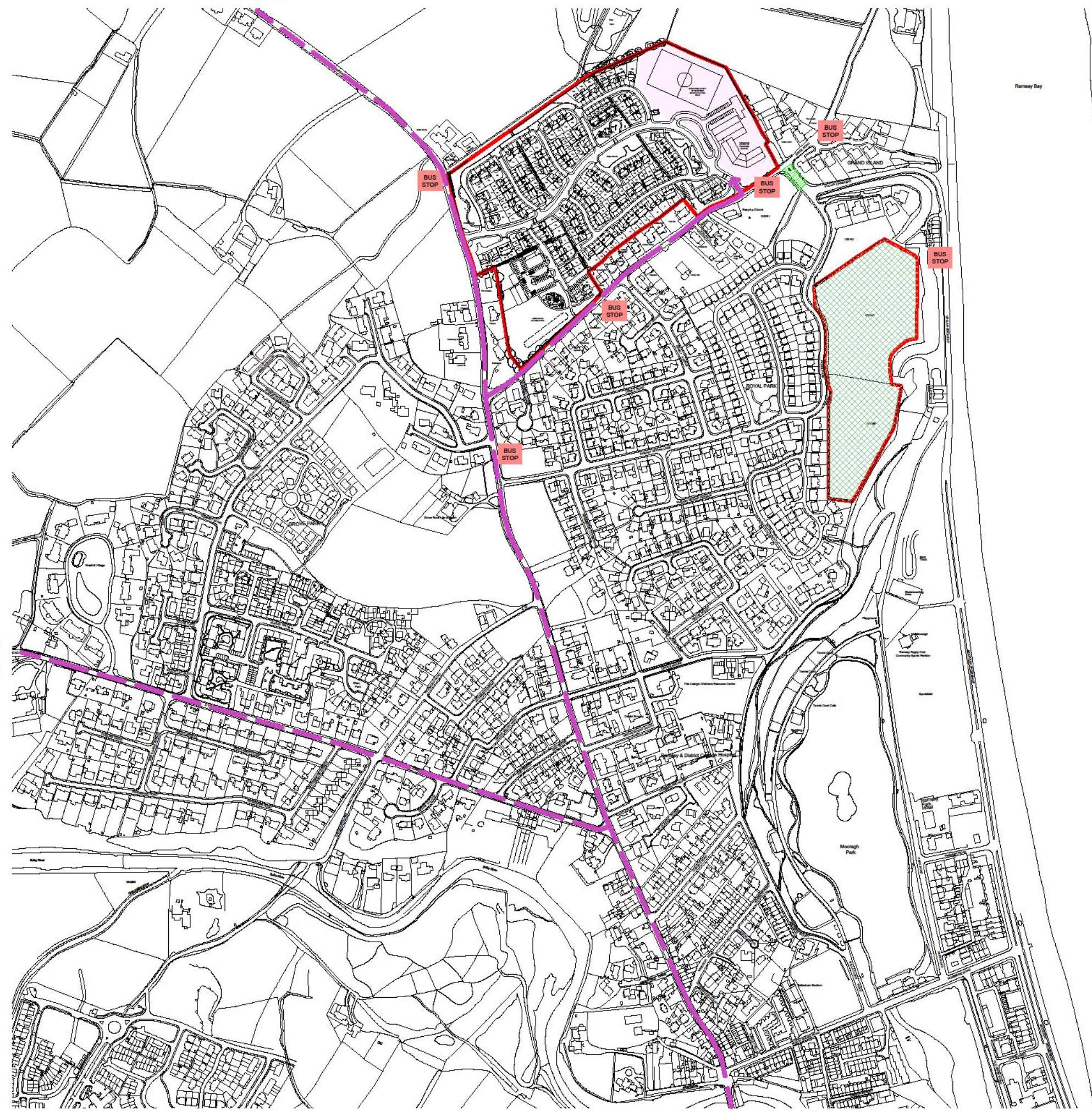 A large scale location map of Ramsey showing road networks, highlighted traffic routes in purple, and specific zones outlined in red with bus stop markers.