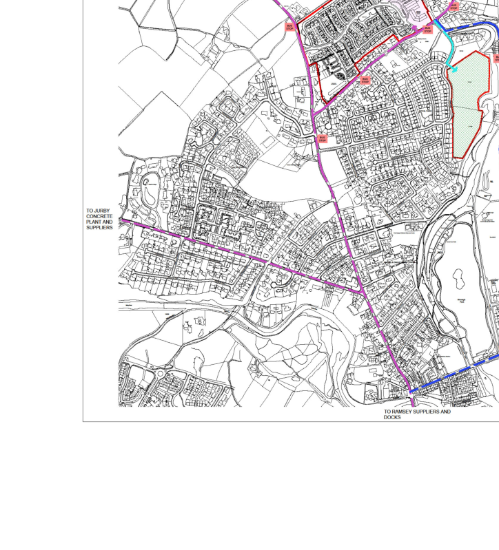 A location map showing a specific site boundary highlighted in green with colored route lines indicating access paths to local suppliers.