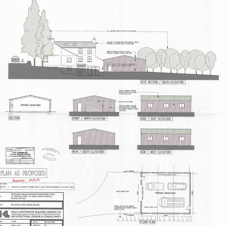 Architectural drawings showing elevations, a section, and a floor plan for a proposed single-storey garage extension.