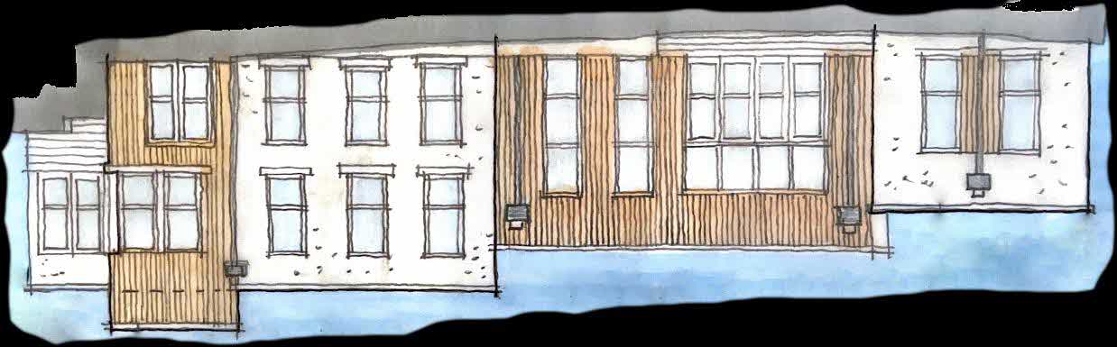 Architectural elevation drawing depicting a building facade with proposed timber cladding and window alterations.