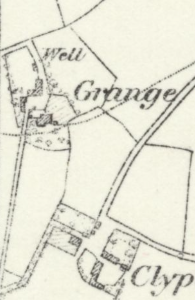 A black and white historical site map or plan showing property boundaries, building footprints, and labels such as 'Well Grange'.