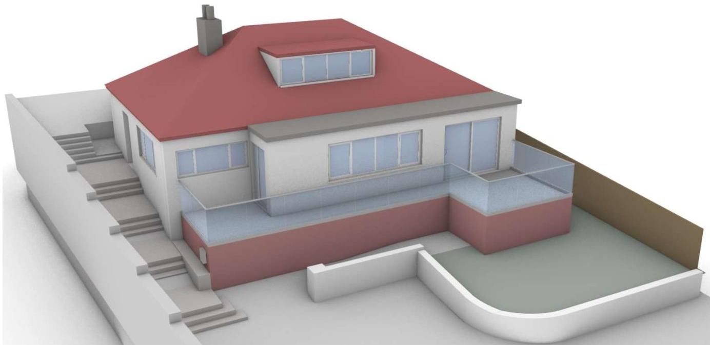 A 3D architectural rendering showing a house with a proposed rear terrace, decking, and steps.