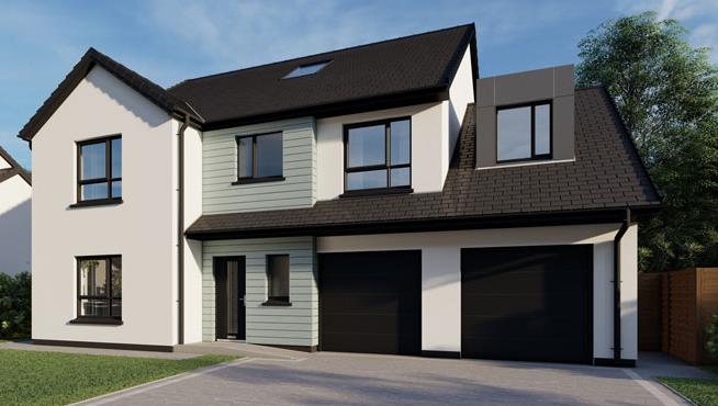A photorealistic 3D rendering showing the front elevation of a modern two-story detached house with a double garage and driveway.