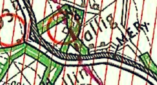 A close-up section of a site location map showing property boundaries, fields, and roads with red circles highlighting specific areas.