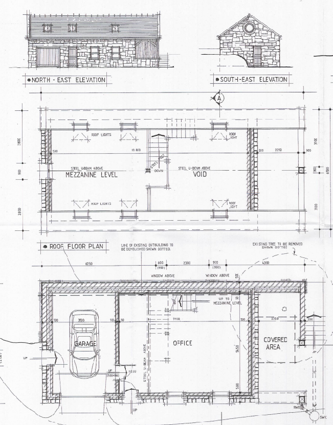 Architectural drawings displaying elevations and floor plans for a replacement garage and outbuilding.