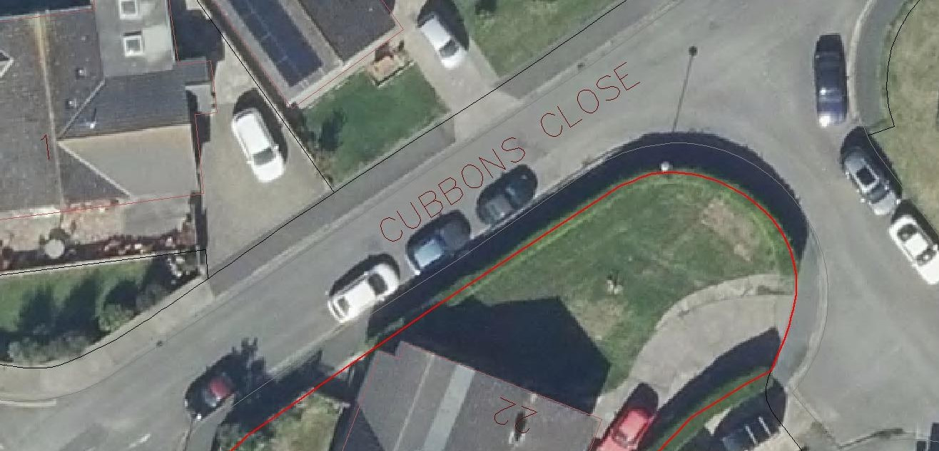 An aerial site plan showing property 12 on Cubbons Close with red boundary lines highlighting the front garden area proposed for conversion.