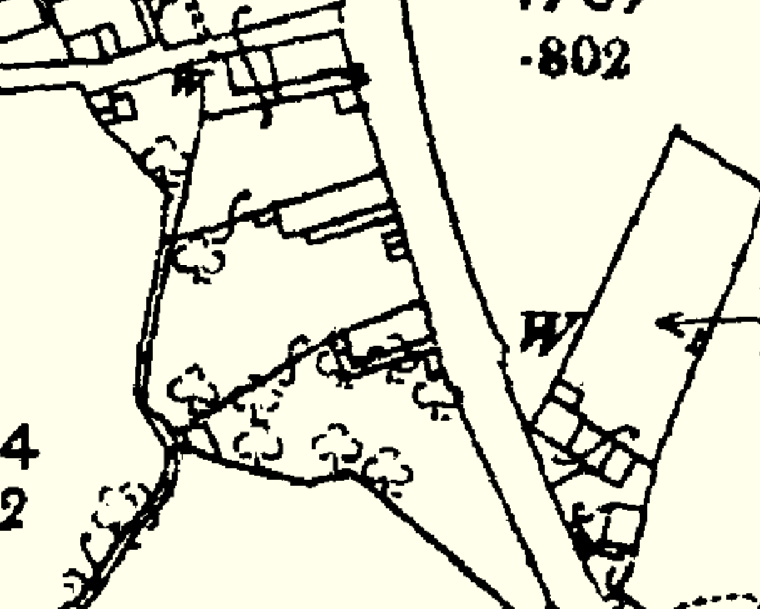 A black and white line drawing depicting a site plan or map extract showing property boundaries, existing structures, and vegetation symbols.