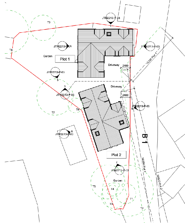 This image displays a technical site plan showing the layout for two proposed plots, including building footprints, driveways, garden areas, and existing trees marked with survey points.