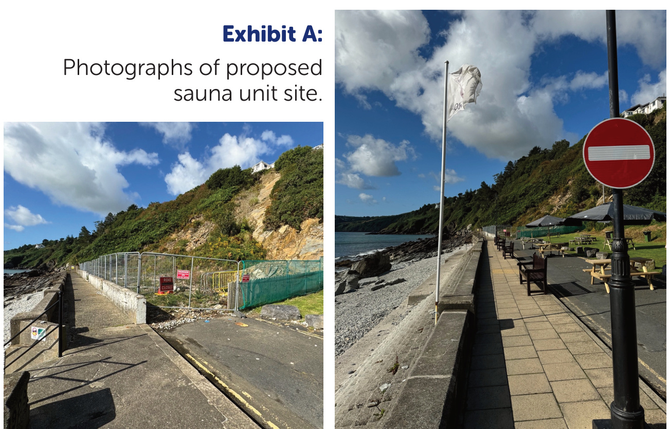 Exhibit A displays two photographs of the proposed sauna site, showing a fenced coastal area and an adjacent paved promenade with seating.