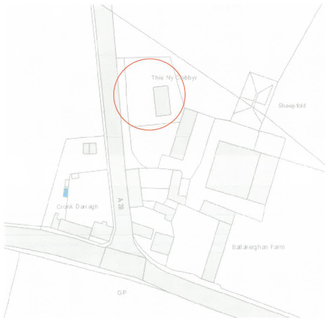 A site plan map showing the location of a proposed development site circled in red near the A26 road. The map includes surrounding properties like Ballakeghan Farm and labels indicating a rural setting.