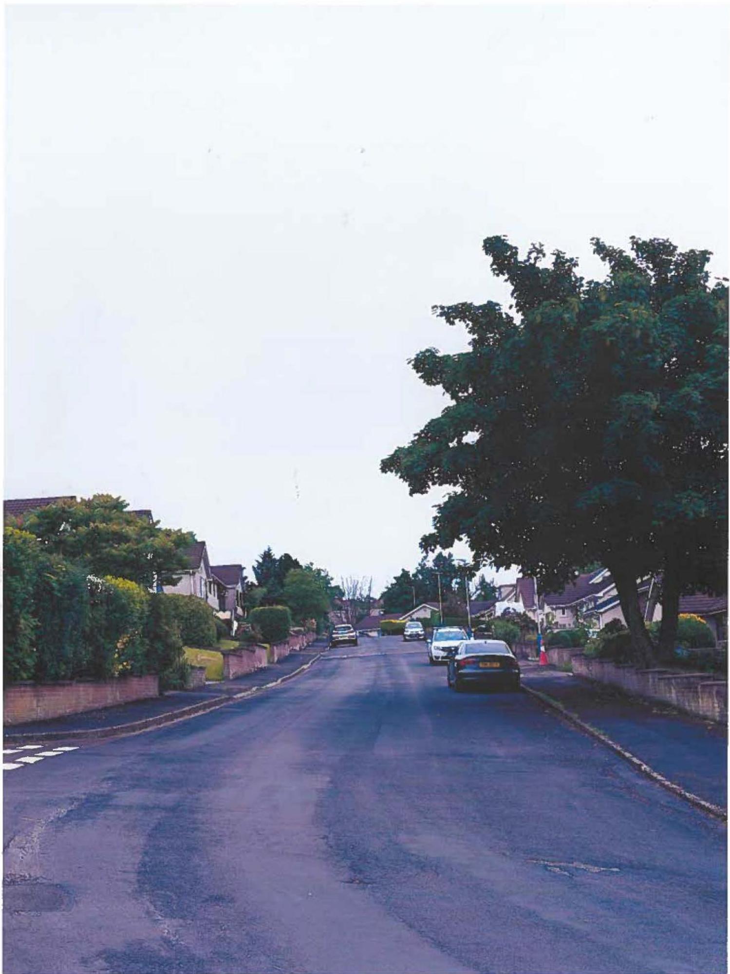 A street-level photograph looking up a residential road, showing parked cars, brick boundary walls, and mature trees.