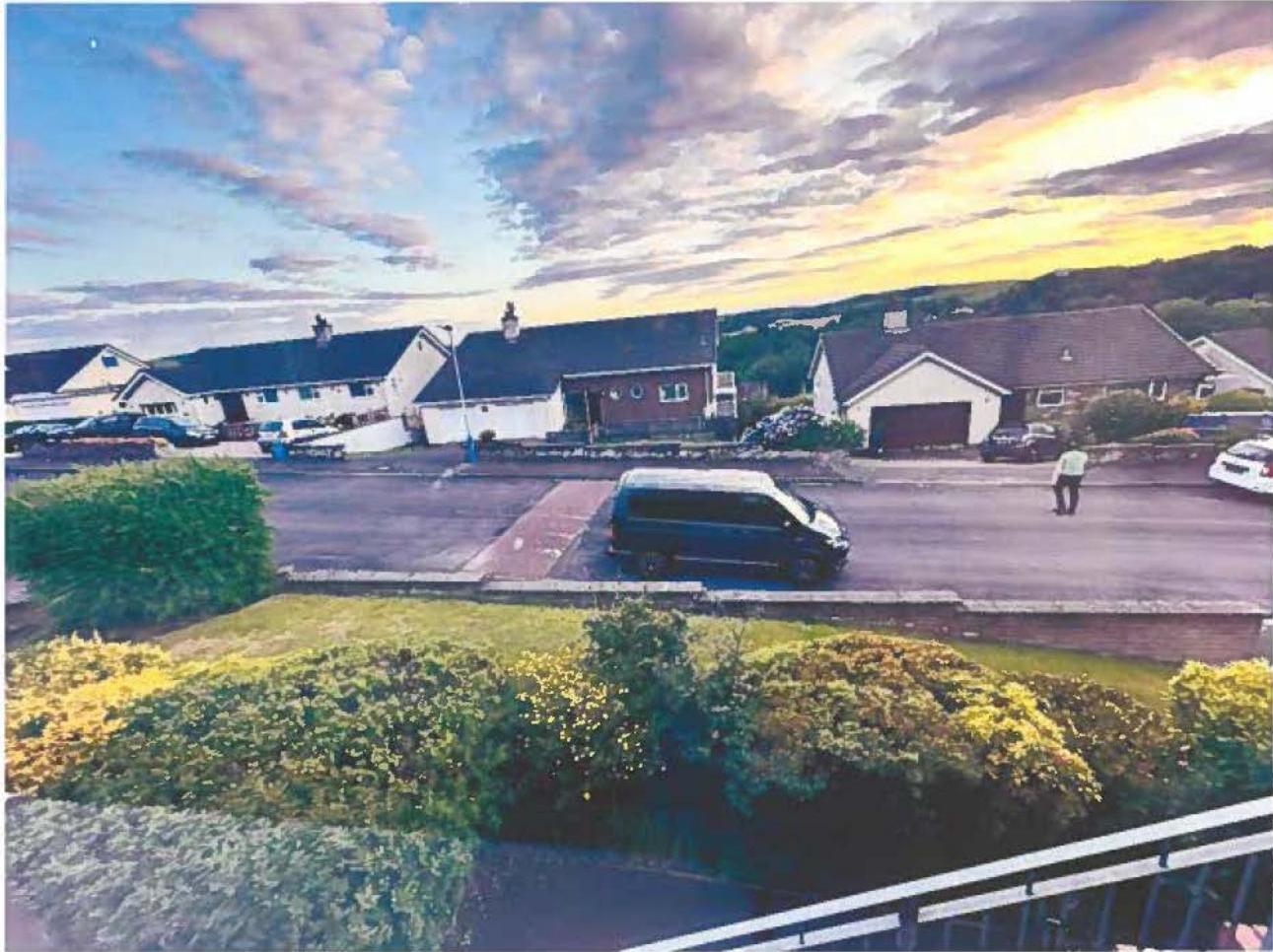 A photograph capturing a residential street scene with detached houses and a road. The view is taken from an elevated position, looking over a hedge towards the street and houses in the distance.