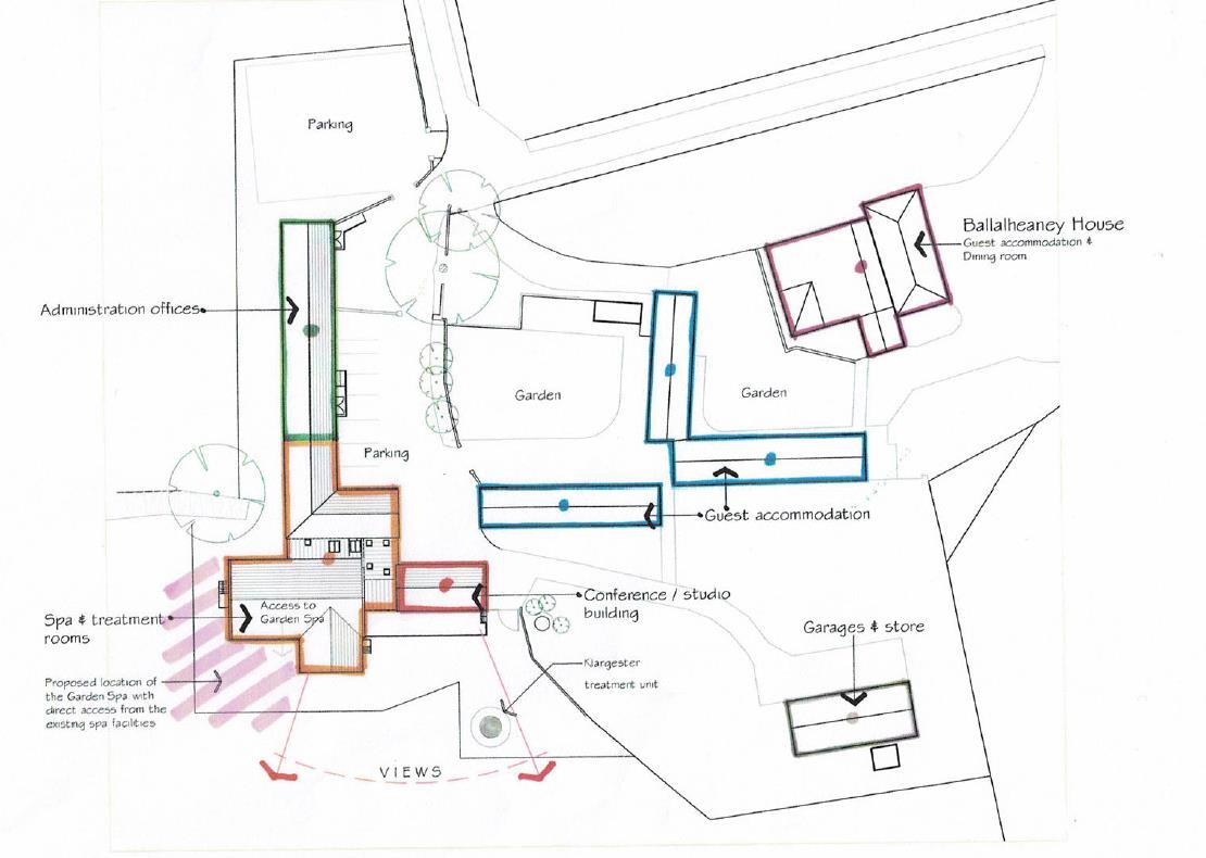 A site plan illustrating the layout of Ballalheaney House, guest accommodation, and proposed spa treatment rooms with designated parking and garden areas.