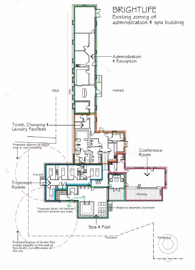 Architectural floor plan showing the existing zoning of a Brightlife administration and spa building with proposed external links and service areas.