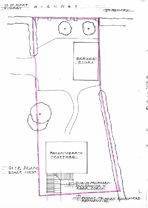 A hand-drawn site plan showing the layout of Ballacreemin Cottage, including a garage/store and a proposed sun lounge extension at the rear.
