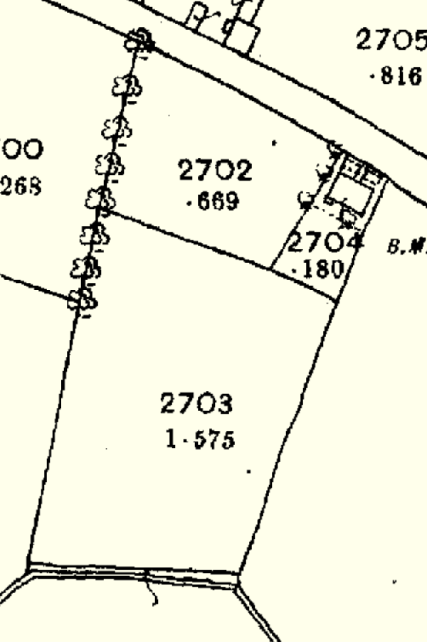 A cropped section of a cadastral map or site plan showing land parcels with area measurements and boundary lines.