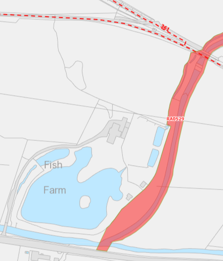 A site location map showing a fish farm area with red zoning overlays and surrounding land boundaries.